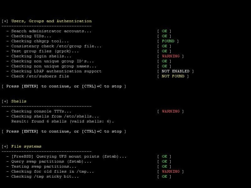 Example Lynis terminal output showing grouped checks with OK, WARNING, NOT ENABLED, and NOT FOUND results.