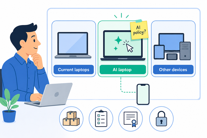 Clipart illustration of an admin reviewing a generic AI laptop alongside current laptops and other devices with an AI policy note.