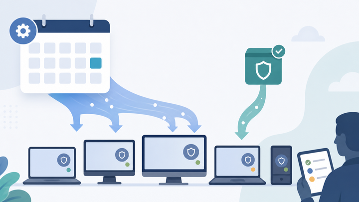 Flat clipart illustration of managed Windows devices receiving a separate endpoint security sensor update while an admin checks update status.