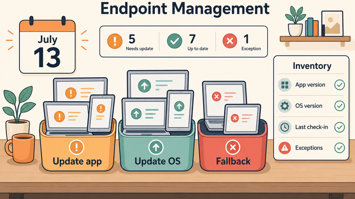 Flat clipart of managed Macs and iPads sorted into update, OS upgrade, and fallback groups before a July deadline