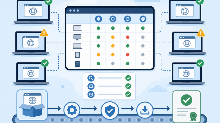 Flat clipart illustration of laptops with browser version badges moving through an update and inventory workflow.