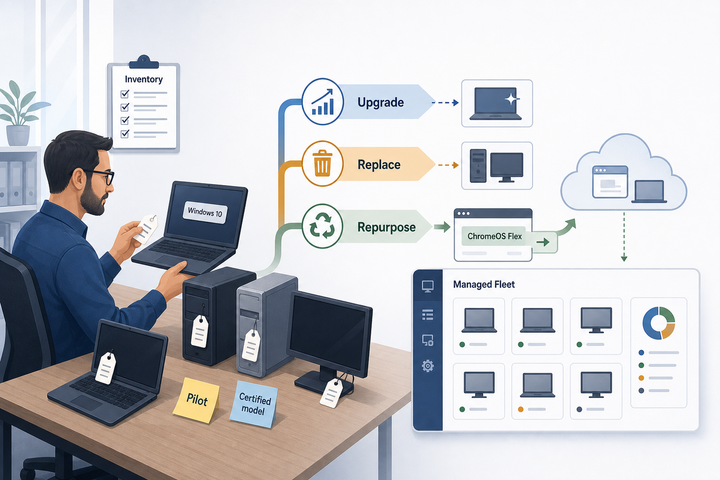 Illustration of an IT admin sorting old Windows 10 PCs into upgrade, replace, and repurpose paths, with ChromeOS Flex feeding a managed fleet view.