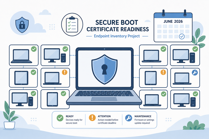Flat clipart illustration of a laptop shield surrounded by endpoint inventory status cards for Secure Boot certificate readiness.