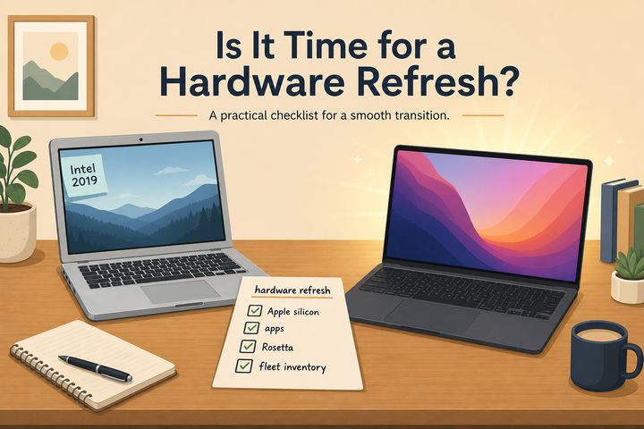 Flat illustration of an older Intel-era laptop next to a new dark laptop with a hardware refresh checklist for Apple silicon, apps, Rosetta, and fleet inventory.