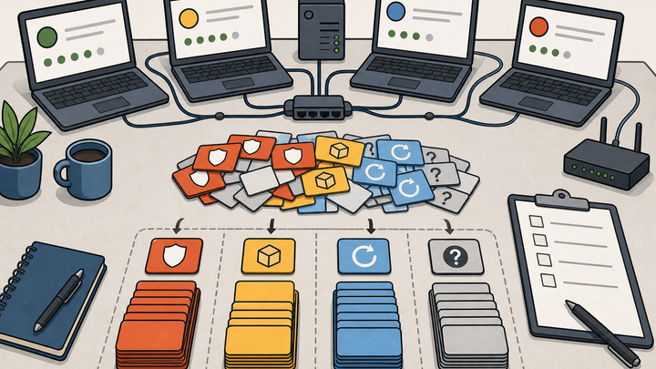 Flat clipart illustration of endpoint admins sorting a large patch pile into priority lanes for Windows devices, app updates, restarts, and exceptions.