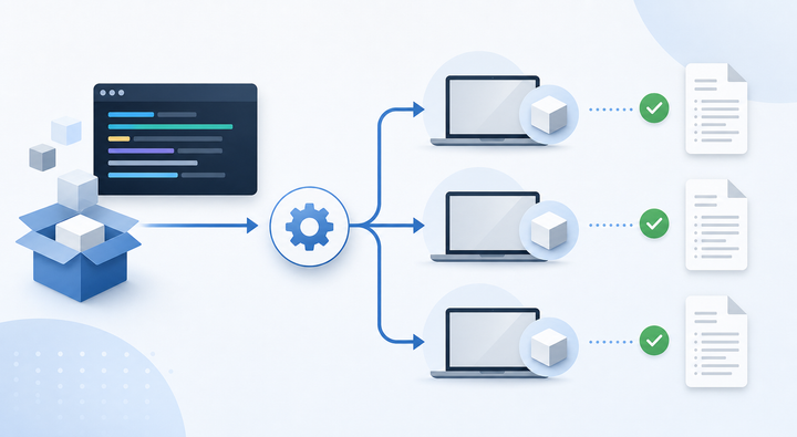 Illustration of a Windows software deployment workflow with package blocks, a terminal window, and endpoint devices