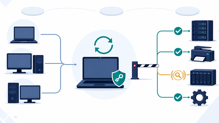 Flat illustration of managed devices entering a patch pilot that checks authentication paths to a server, printer, storage appliance, and service.