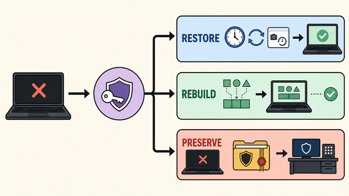 Failed laptop with three response paths: restore, rebuild, or preserve for incident-response handoff