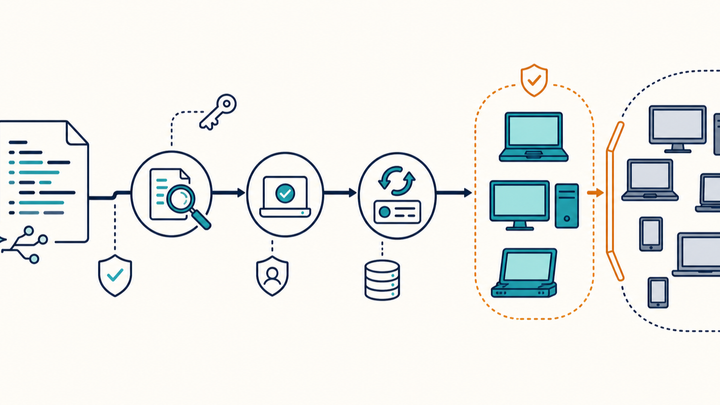 Flat illustration of an endpoint script passing through review, test, and bounded deployment gates