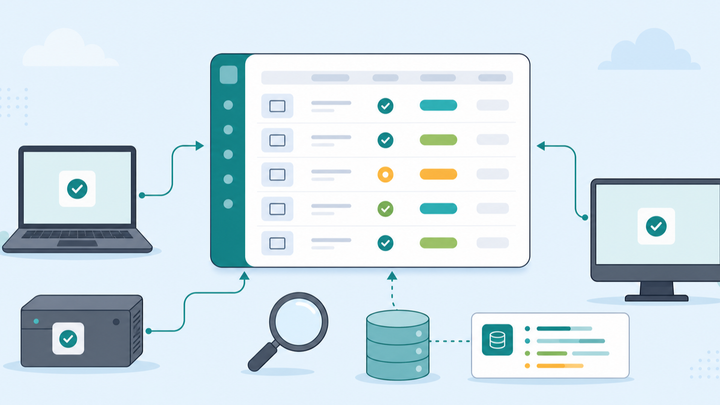 Flat illustration of endpoint devices reporting osquery agent versions into an inventory board