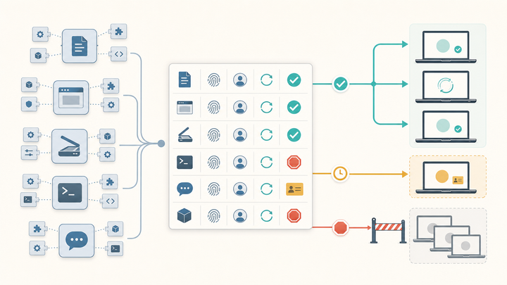 Flat illustration of managed Apple apps and Mac binaries moving through allowed, denied, and managed-app paths