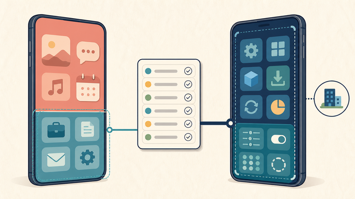 Flat illustration separating a personally owned phone into private and managed work areas beside a company-owned phone under full management