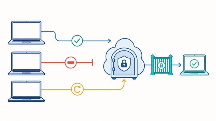 Flat illustration of managed Windows laptops following Enabled, Disabled, and Not Configured backup paths, with restore controlled by a separate gate